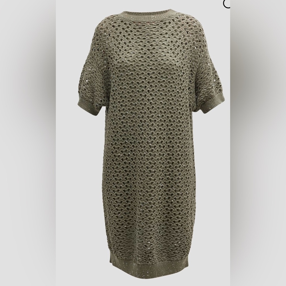 Brunello Cucinelli Paillette Crochet Knit Linen-Silk Dress